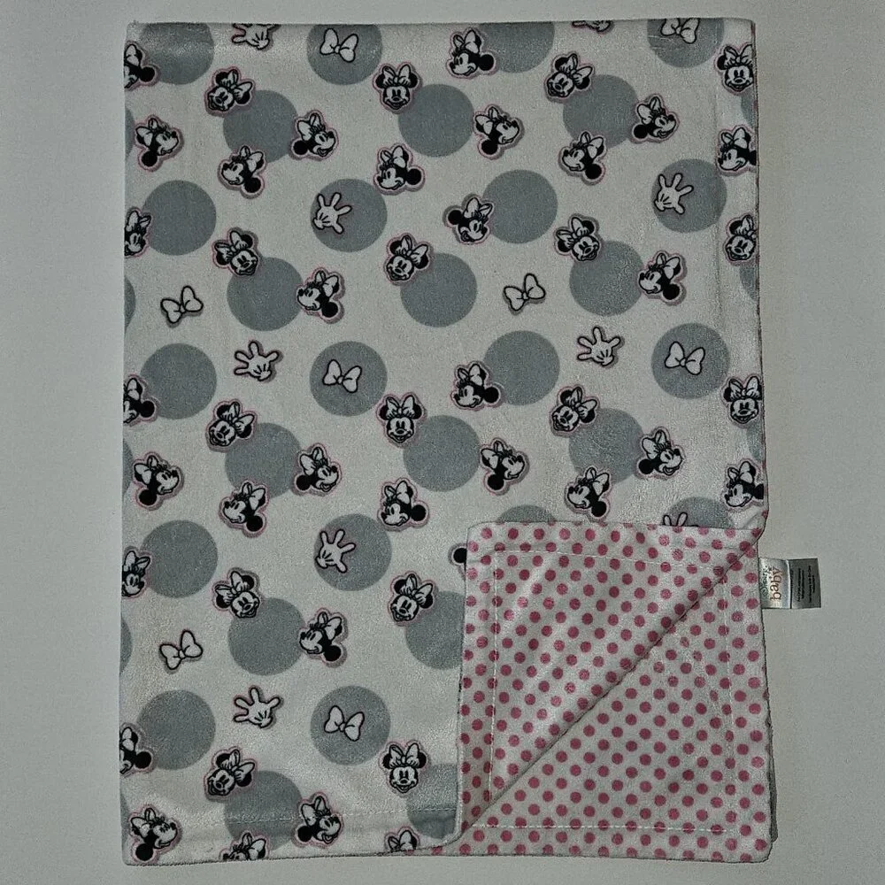 Disney Baby Minnie Mouse Reversible Blanket Gray White Pink Polka Dots Bow Hand